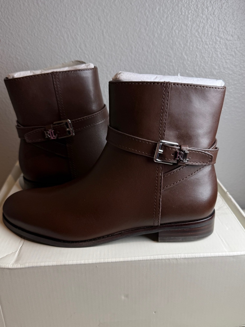 Ralph Lauren Dark Brown Leather Buckle Ankle Boots